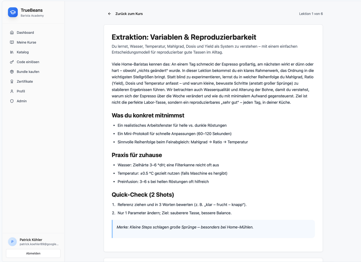 Ein Screenshot, der den schriftlichen Teil der Barista Academy aufzeigt.
Es geht um die perfekte Extraktion: Variablen und Reproduzierbarkeit.