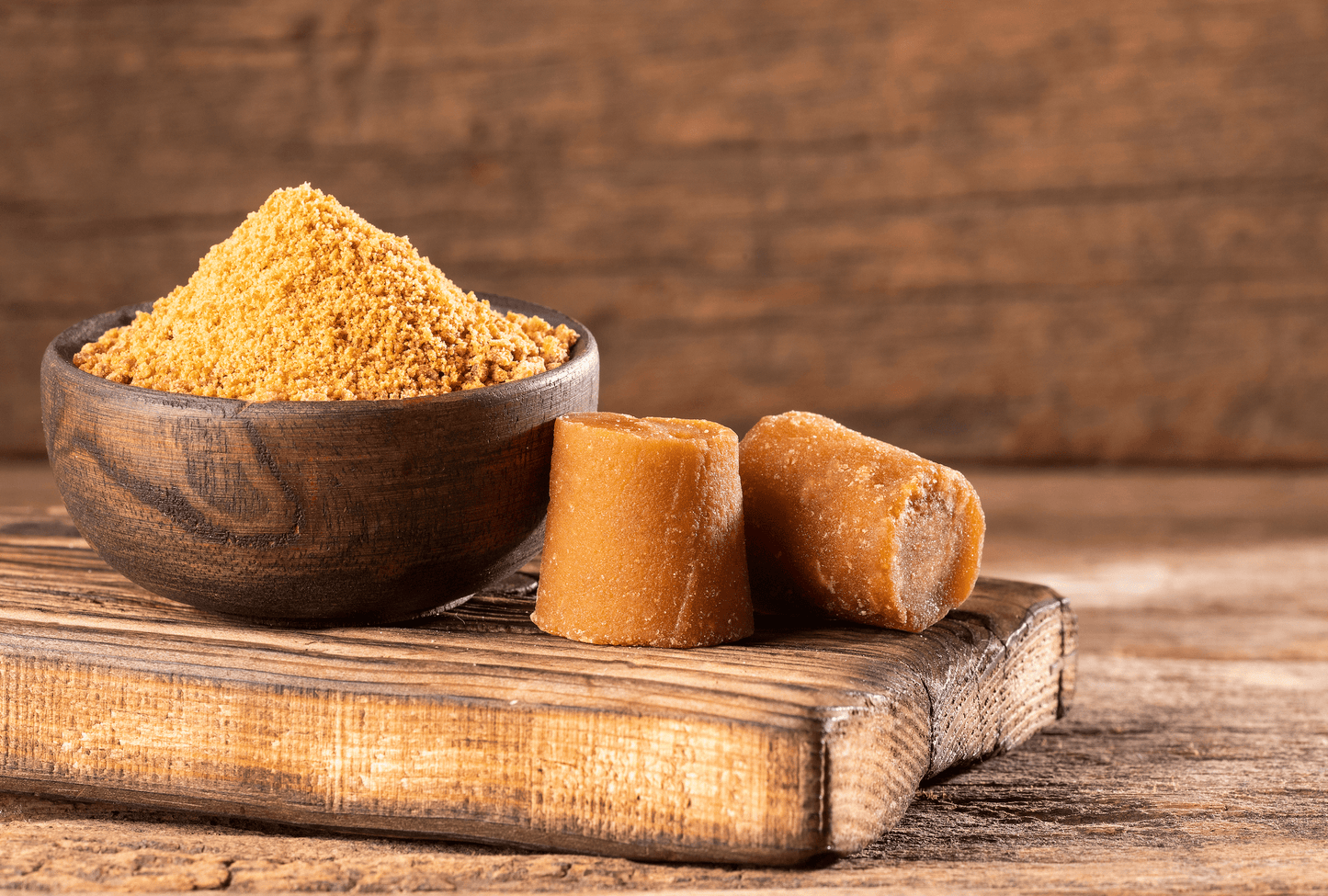 Eine Schale mit goldbraunem, gemahlenem Panel Zucker neben zwei festen Blöcken des selben Zuckers auf einem rustikalen Holztisch. Der Hintergrund besteht aus einer groben Holzstruktur, die den natürlichen Ursprung des Produkts betont.