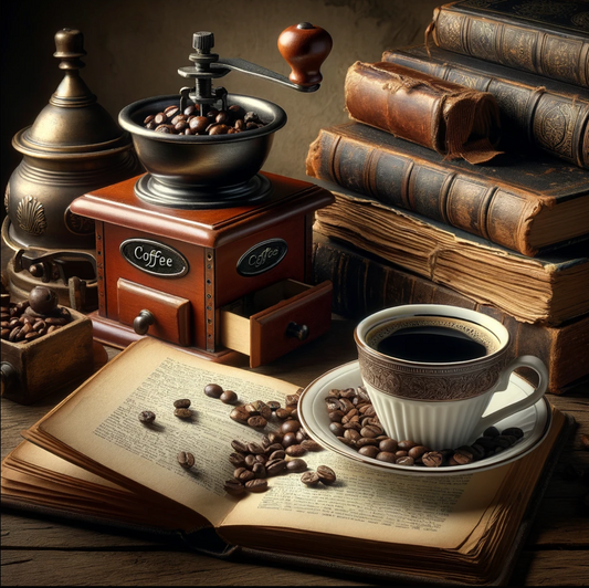 Ein nostalgisches Arrangement aus manueller Kaffeemühle, schwarzer Kaffeetasse, verstreuten Kaffeebohnen auf einem offenen Buch und Antikbüchern auf einem Holztisch, das die Geschichte des Kaffees atmosphärisch einfängt.