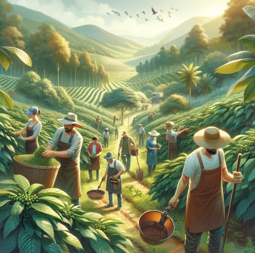 Kaffeebauern ernten sorgfältig Kaffeebohnen auf einer nachhaltigen Plantage für Single-Origin-Kaffee, umgeben von üppigem Grün.