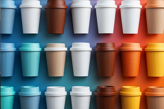 Wie viel Kaffee am Tag - Eine Auswahl bunter, wiederverwendbarer Kaffeebecher in verschiedenen Farben und Mustern, symbolisch für individuelle Kaffeekonsum-Präferenzen.