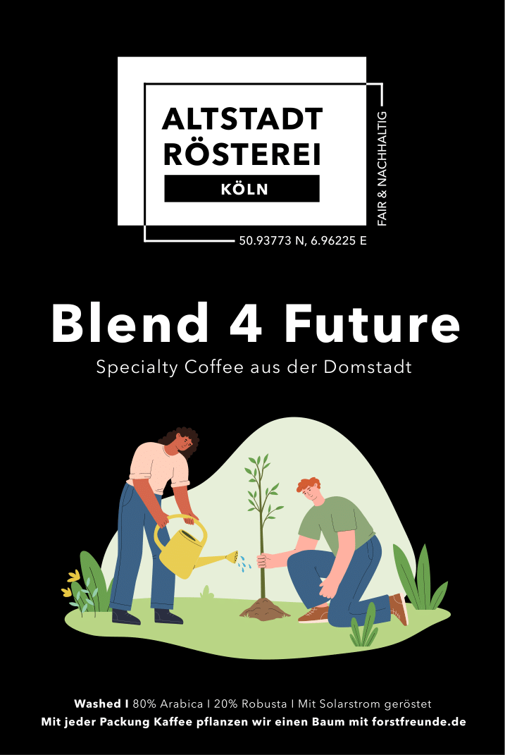 Verpackungsetikett für Altstadt Rösterei Köln Blend 4 Future Kaffee, mit Illustration von zwei Menschen, die einen Baum pflanzen, und Produktinformationen.
