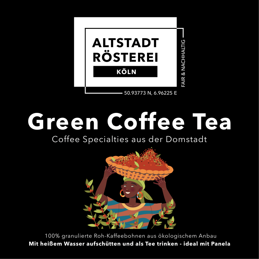 Etikett "Altstadt Rösterei Köln" für "Green Coffee Tea". Illustration einer Frau mit einem Korb voller Kaffee. Text: "100% granulierte Roh-Kaffeebohnen aus ökologischem Anbau. Mit heißem Wasser aufschütten und als Tee trinken."