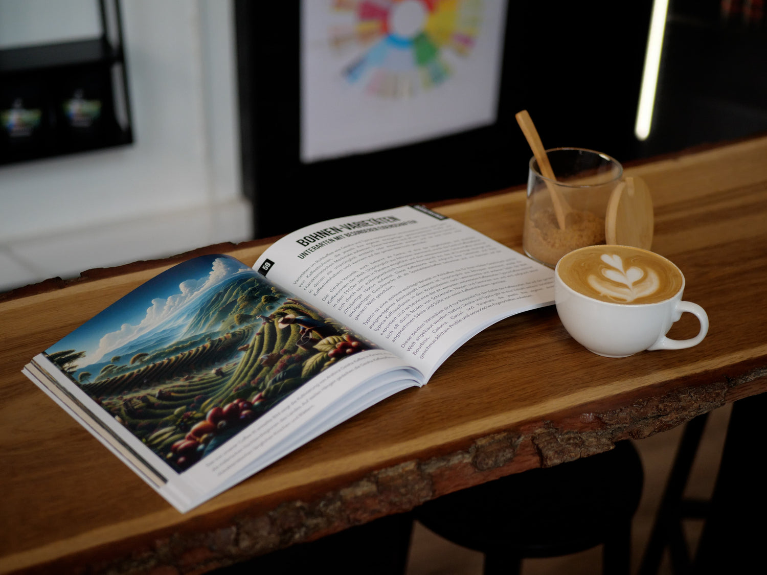 Ein aufgeschlagenes Buch liegt auf einem Holztresen und zeigt eine farbenfrohe Illustration von Kaffeeterrassen auf einer Plantage sowie einen Text zur Bohnenverarbeitung. Daneben stehen eine Tasse Kaffee mit Latte Art und ein Glas mit Zucker und Holzdeckel. Die Szene strahlt eine gemütliche Café-Atmosphäre aus.