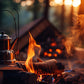Ein metallener Kaffeekessel hängt an einem Gestell über einem lodernden Lagerfeuer im Wald. Das Feuer wirft warme, orangefarbene Lichtreflexe auf den Kessel und erzeugt eine gemütliche Atmosphäre. Im Hintergrund ist ein weiterer, leicht verschwommener Feuerplatz zu sehen, umgeben von Bäumen, die in der Abenddämmerung leuchten. Die Szene vermittelt ein Gefühl von Ruhe und Entspannung in der Natur beim Kaffeekochen im Freien.