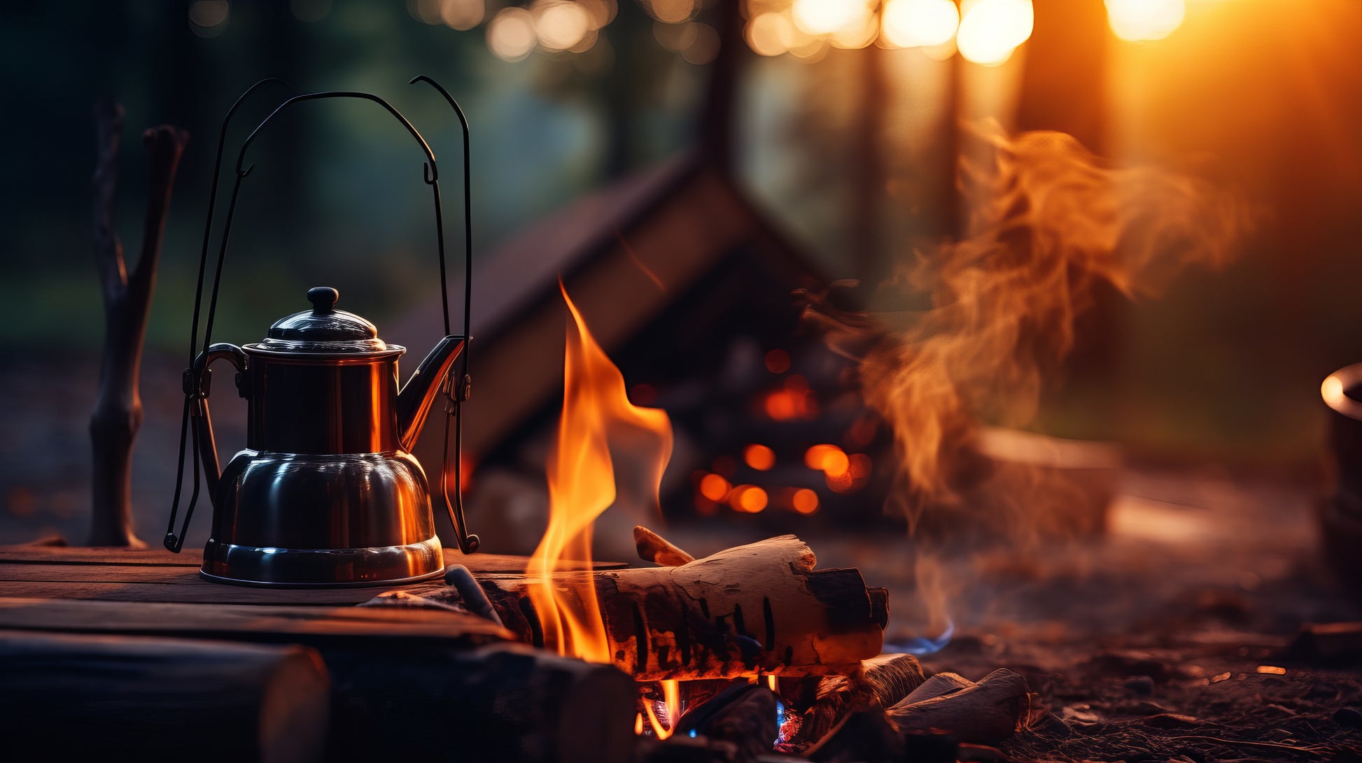 Ein metallener Kaffeekessel hängt an einem Gestell über einem lodernden Lagerfeuer im Wald. Das Feuer wirft warme, orangefarbene Lichtreflexe auf den Kessel und erzeugt eine gemütliche Atmosphäre. Im Hintergrund ist ein weiterer, leicht verschwommener Feuerplatz zu sehen, umgeben von Bäumen, die in der Abenddämmerung leuchten. Die Szene vermittelt ein Gefühl von Ruhe und Entspannung in der Natur beim Kaffeekochen im Freien.