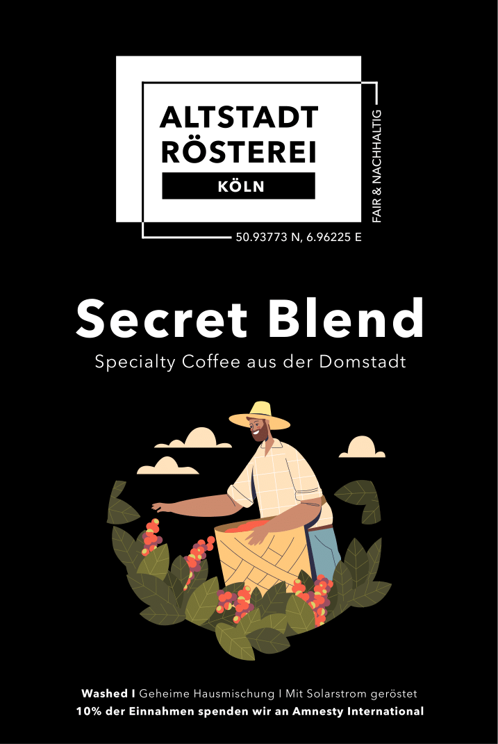 Verpackungsetikett für Altstadt Rösterei Köln Secret Blend Kaffee, mit Illustration eines Kaffeebauers und Produktinformationen.