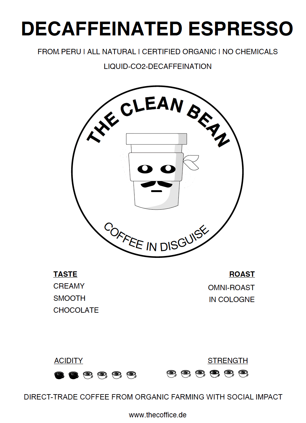 Das Etikett des The Clean Bean entkoffeinierten Kaffees des The Coffice