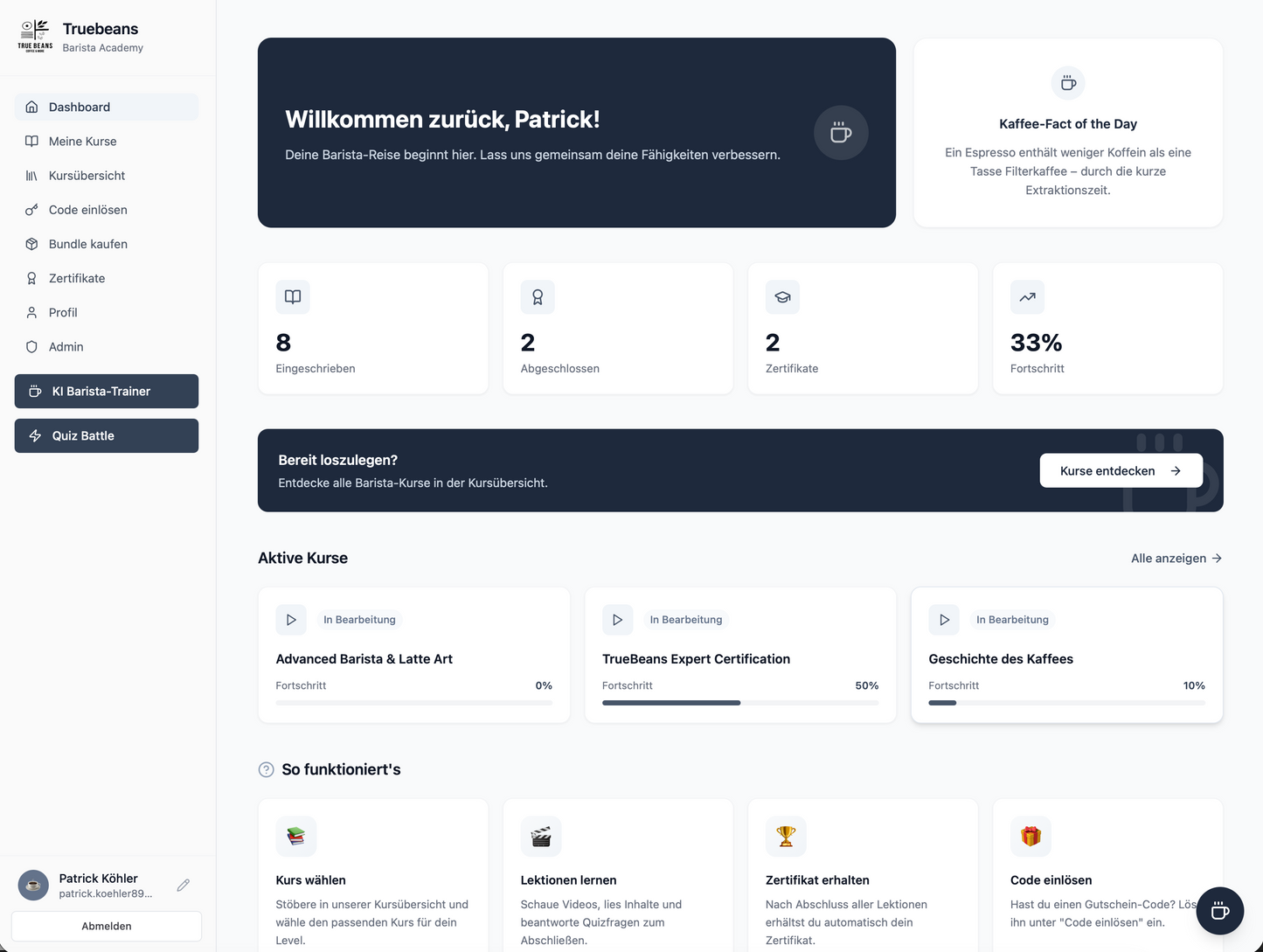 Ein Screenshot der eigenen Truebeans Kaffee-Lernplattform