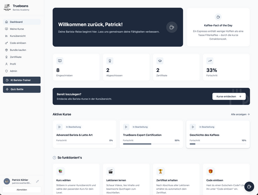 Ein Screenshot der eigenen Truebeans Kaffee-Lernplattform